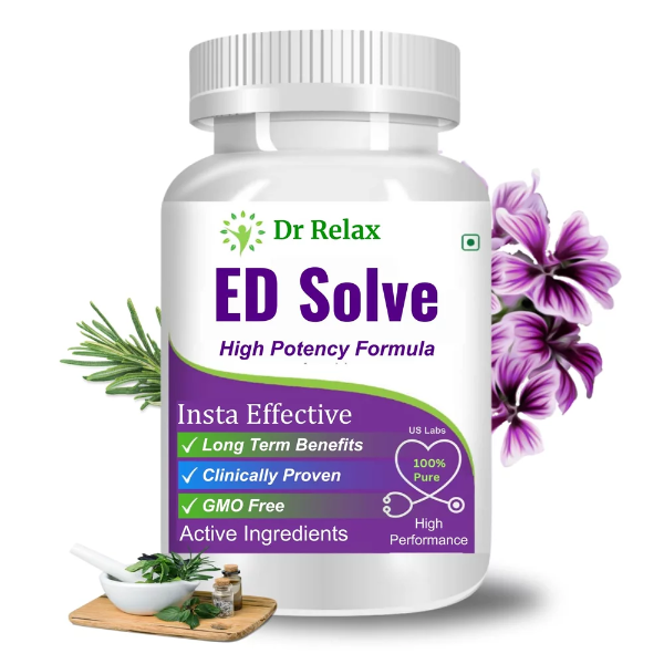 A premium bottle of ED Solve Ayurvedic L Arginine Capsules on a sleek background.