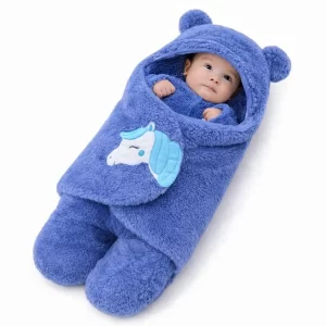 Plush flannel baby swaddle wrap and hooded newborn receiving blanket.