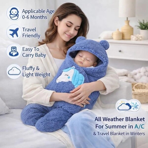 Baby Swaddle Wrap for Newborn 0–9 Months | Ultra Soft Flannel Baby Sleeping Bag with Hood & Velcro | All Season Baby Blanket, Carry Wrap, Winter Swaddle for Boys & Girls (68 × 68 cm) - Image 4
