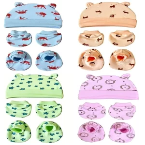 MOM'S Darling newborn cotton cap set with mittens and booties in multicolor 4-pack