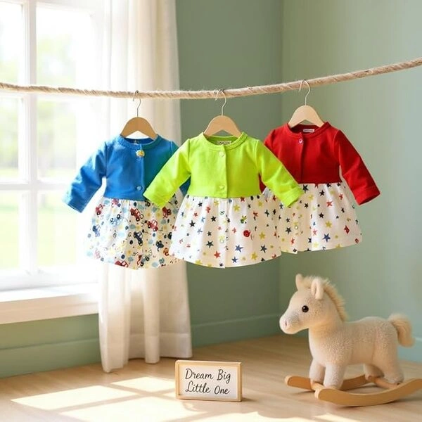 VParents Knee-Length Full Sleeves Cotton Frocks for Baby Girls, Round Neck A Line Mini Short Dress for Kids - Image 3