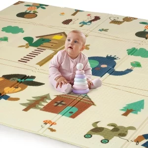 LuvLap waterproof baby play mat with educational zoo design.