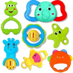 Storio non-toxic 7-piece baby rattle teether set for infant sensory development.