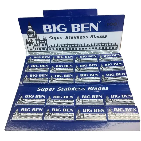 A front product shot of the 100-count Big Ben Chrome Safety Razor Blades wholesale card.