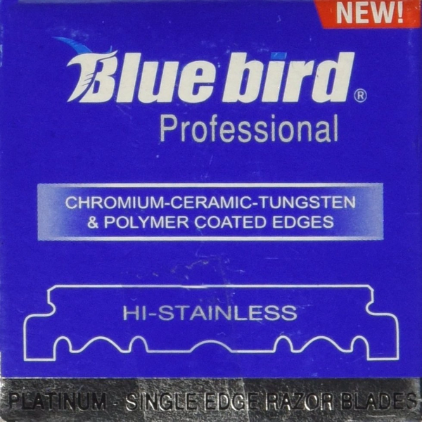 Bulk 100 pack of Bluebird Hi-Stainless single edge safety razor blades for barbers.