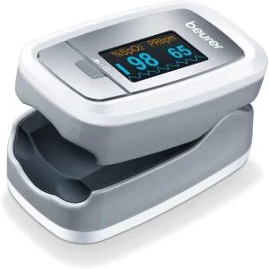 The sleek, grey Beurer PO30 Pulse Oximeter displaying a bright, colored screen