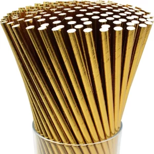 Bulk pack of 150 metallic gold foil paper straws that are 100% compostable.