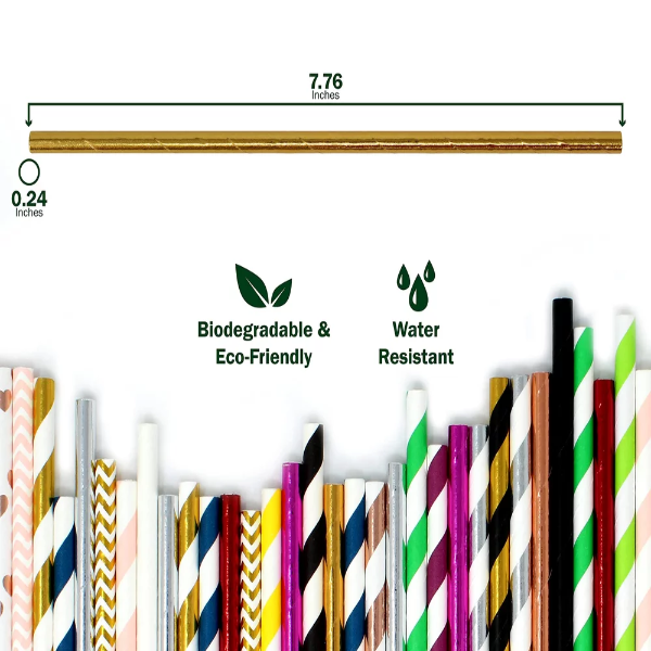 100% Compostable Drinking Biodegradable Eco-Friendly Bulk Paper Straw, 150 Gold Foil Bulk Paper Straws - Image 2