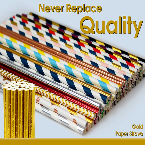 100% Compostable Drinking Biodegradable Eco-Friendly Bulk Paper Straw, 150 Gold Foil Bulk Paper Straws - Image 3