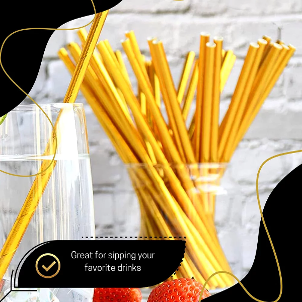 100% Compostable Drinking Biodegradable Eco-Friendly Bulk Paper Straw, 150 Gold Foil Bulk Paper Straws - Image 4