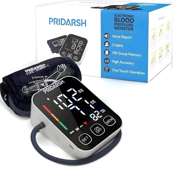 The sleek Pridarsh Automatic Blood Pressure Monitor displaying healthy vitals on an LED screen.