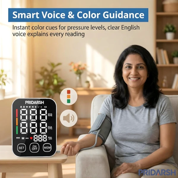 A close-up of the bold LED display on the Pridarsh Automatic Blood Pressure Monitor.