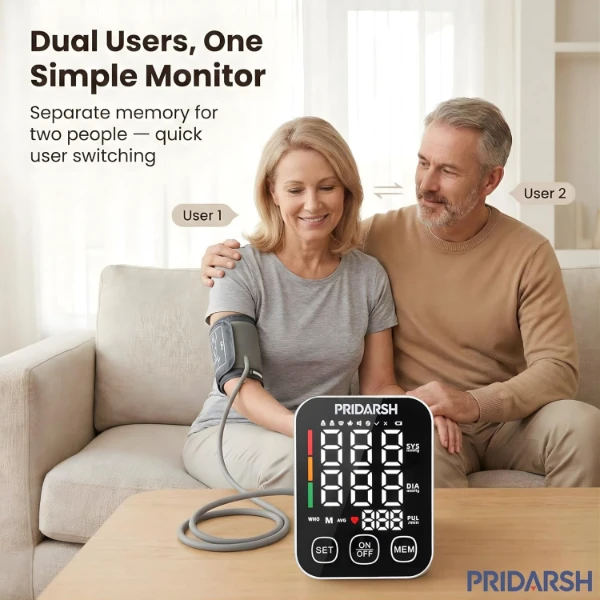 The unboxed Automatic Blood Pressure Monitor alongside its Type-C USB cable and manual.
