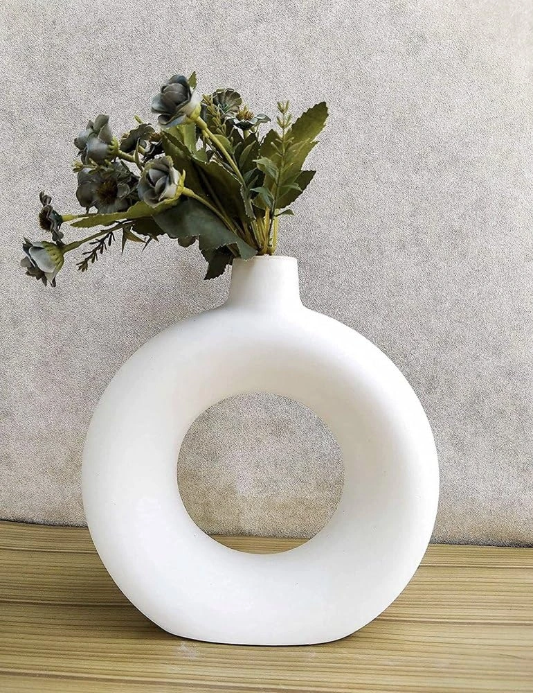 SPHINX White Ceramic Donut Vase, 6 Inch Modern Flower Vase for Pampas Grass, Dried Flowers, Home & Office Decor, Centerpiece, Handcrafted Gift Vase Only - Image 2
