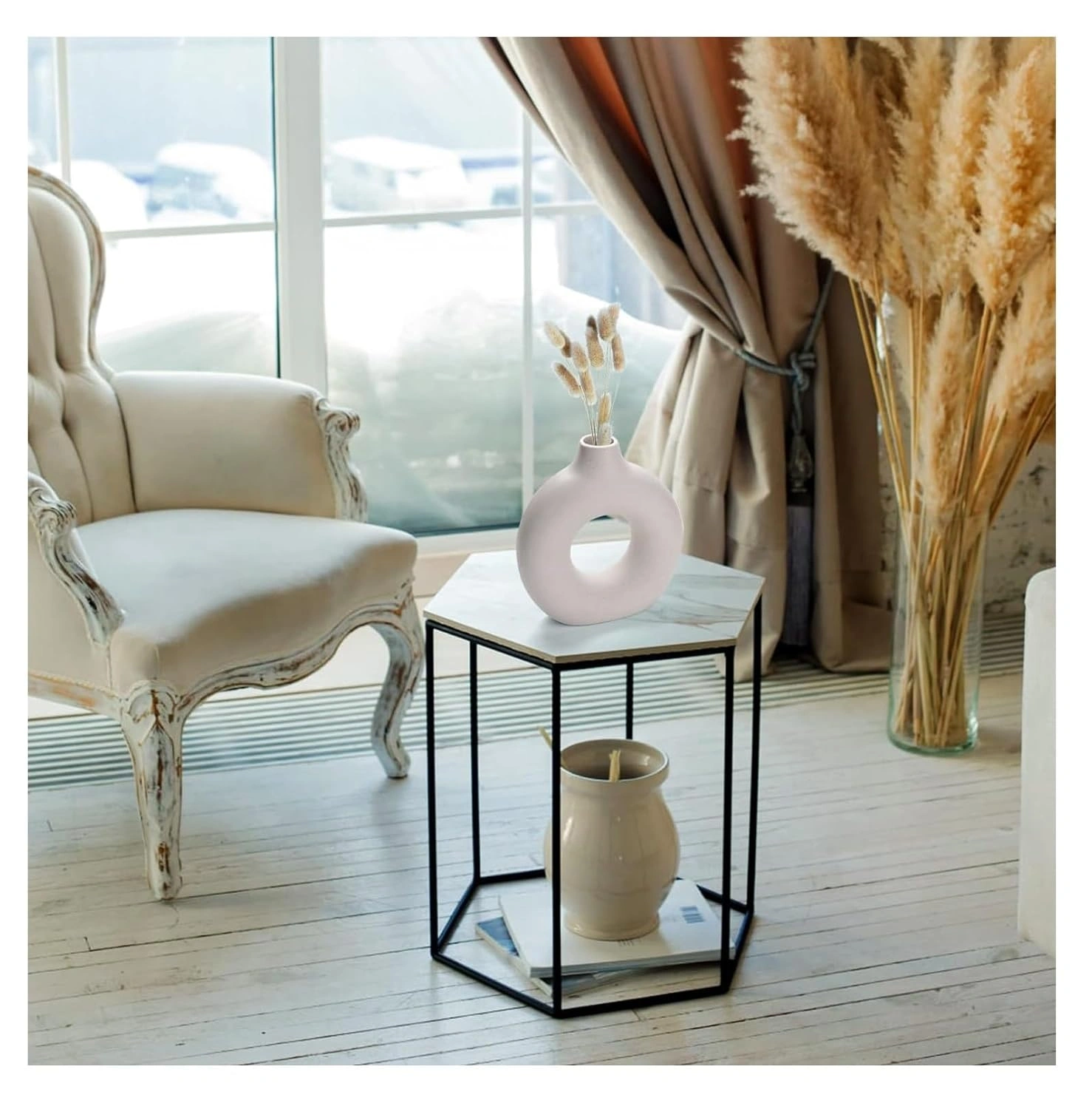 SPHINX White Ceramic Donut Vase, 6 Inch Modern Flower Vase for Pampas Grass, Dried Flowers, Home & Office Decor, Centerpiece, Handcrafted Gift Vase Only - Image 4