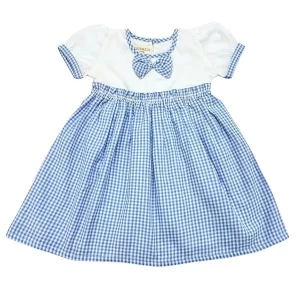 Pink gingham baby girl dress with matching bow accent.