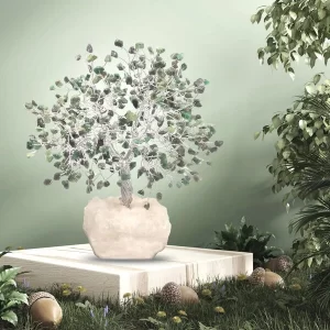 The Emerald Crystal Healing Tree resting beautifully on a wooden center table.