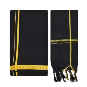 Traditional men's 100% black cotton dhoti set with thin gold border and matching angavastram towel.