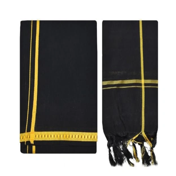 Traditional men's 100% black cotton dhoti set with thin gold border and matching angavastram towel.