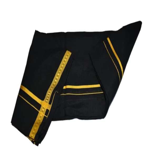 100% Cotton Black Dhoti 2.00 Mts Dhoti & Angavastram Black Towel Set | Free Size Thin Gold Border - (Pack of 1) - Image 2