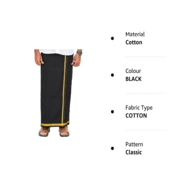 100% Cotton Black Dhoti 2.00 Mts Dhoti & Angavastram Black Towel Set | Free Size Thin Gold Border - (Pack of 1) - Image 4