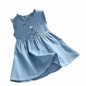 BENKILS floral embroidered cotton denim dress for girls.