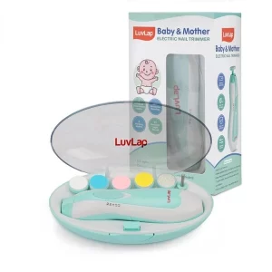 The LuvLap Electric Baby Nail Trimmer shown with its protective cover and 6 filer heads.