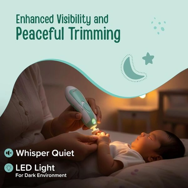 A mother using the Electric Baby Nail Trimmer on her sleeping infant using the LED light.