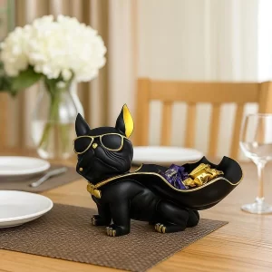 Luxury black and gold French bulldog resin statue with integrated storage tray