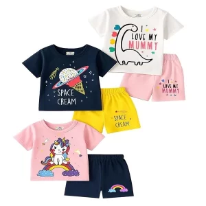 Kuchipoo girls cotton shorts set with 3 matching t-shirts and shorts.