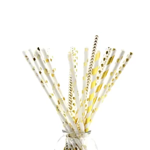 100 PCS Gold and White Paper Straws with Star Strip Dot Wave Pattern for Party Accessory