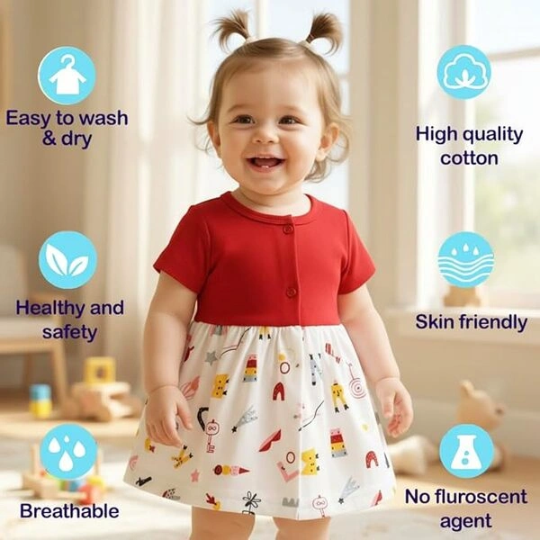 VParents Knee-Length Half Sleeves Cotton Frocks for Baby Girls, Round Neck A Line Mini Short Dress for Kids - Image 3