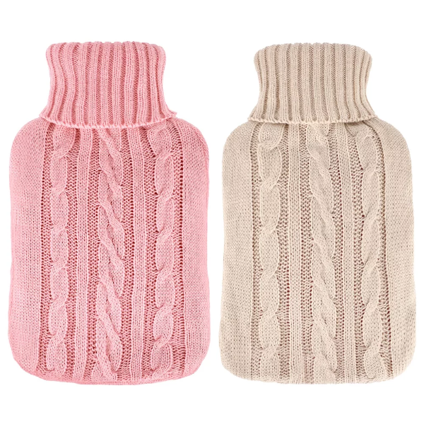 2 Pieces Hot Water Bottle Cover Soft Cover Only Knitted Hot Water Bottle Sweater for Hot Compress and Cold Therapy, Ideal for Menstrual Cramps, Neck and Shoulder Pain Relief (Pink Khaki,2000 ml)