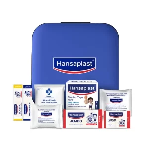 The blue Hansaplast Emergency Medical Kit open with all 38 pieces neatly displayed.
