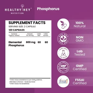 A professional studio shot of the HealthyHey Nutrition 600mg Phosphorus Bone Health Capsules bottle.