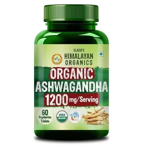 A front-facing product photograph of Vlado's Himalayan Organics Organic Ashwagandha Tablets 60-count bottle.