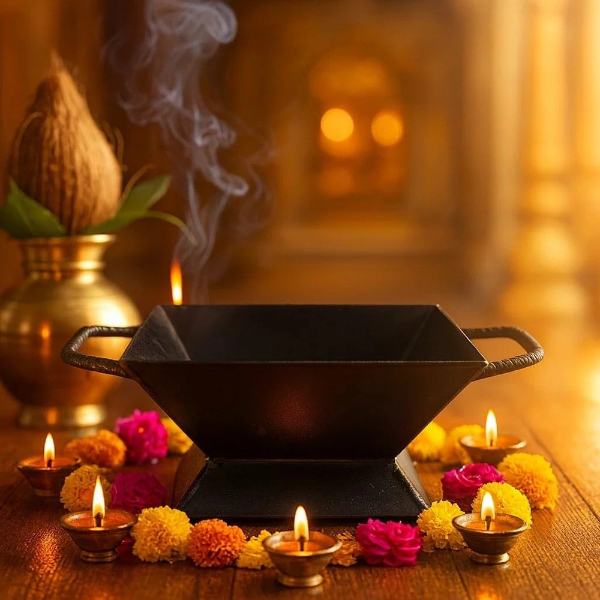 Iron hawan kund with handles for traditional Indian pooja rituals at home.
