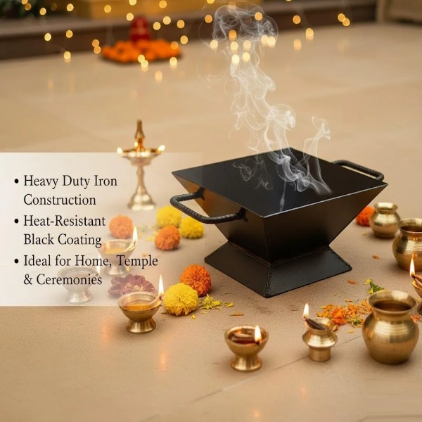 100% Iron Hawan Kund for Home Big Size | Durable Iron Large Havan Kund with Handles | Traditional Hawan Kund for Daily Pooja, Grah Pravesh, Wedding & Temple Use (Size - 12inch) - Image 2