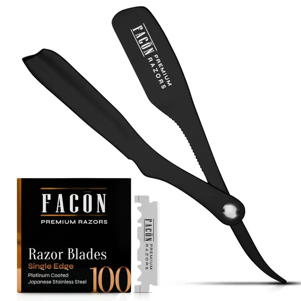 A professional layout showcasing the Facn Japanese Straight Edge Razor resting next to its box of 100 replacement blades.