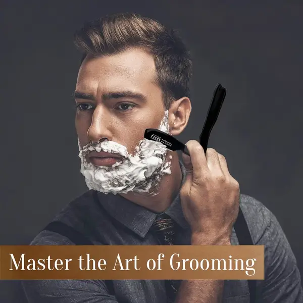 A satisfied customer admiring his clean-shaven jawline after using the Japanese Straight Edge Razor.
