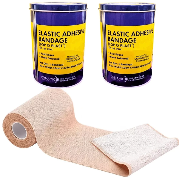 2 Packs Elastic Adhesive Bandage B.P 10cm x 4/6 m Stretchable Roll Top O Plast for First Aid Wrap Joint Muscle Hand Legs Ankle Knee Foot Medical Elastic Adhesive Crepe Bandage