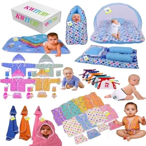 Kwitchy 56-in-1 newborn baby gift set with portable folding flat bed.