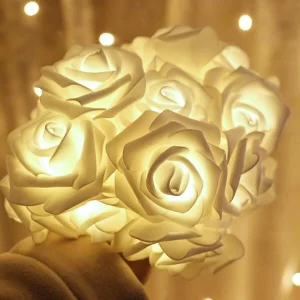 Velvet white rose string lights with warm LED illumination
