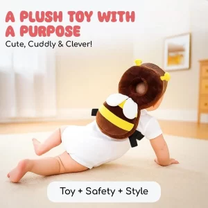 Plush baby head protector cushion in a cute bee design with adjustable straps