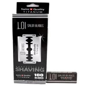 Bulk pack of Loi titanium safety razor blades with individual tuck boxes.