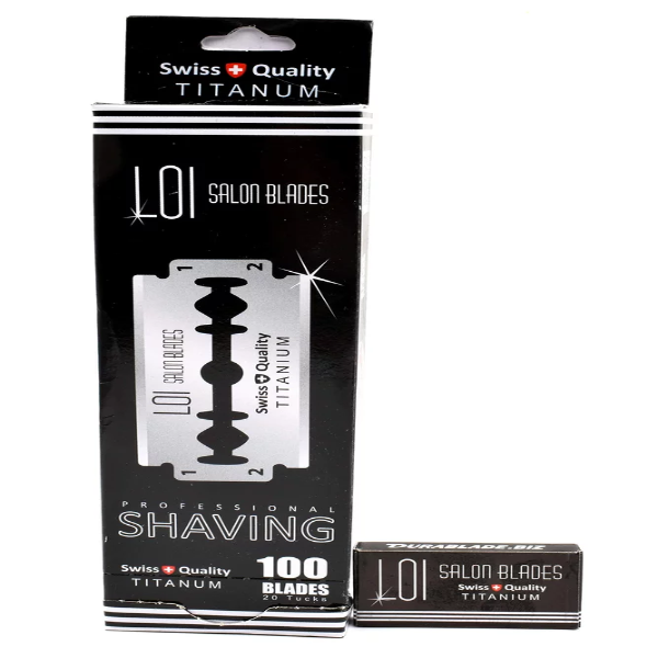 Bulk pack of Loi titanium safety razor blades with individual tuck boxes.