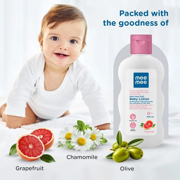 Mee Mee Baby Lotion – Moisture-Rich Cream-Lotion with Triple Botanical Moisture-Lock System | Infused with Chamomile, Olive & Grapefruit Extracts | Hypoallergenic, pH-Balanced & Alcohol-Free for Newborns & Sensitive Skin – 400ml - Image 3