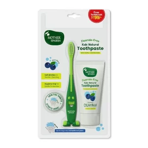 The Mother Sparsh Fluoride Free Baby Toothpaste tube next to the included free kids toothbrush.