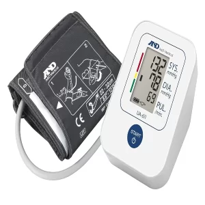 The sleek, clinically validated A&D Blood Pressure Monitor displaying vital health numbers.