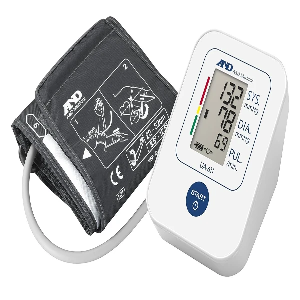 The sleek, clinically validated A&D Blood Pressure Monitor displaying vital health numbers.